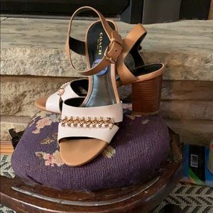 Coach White and Tan Block heeled Sandals